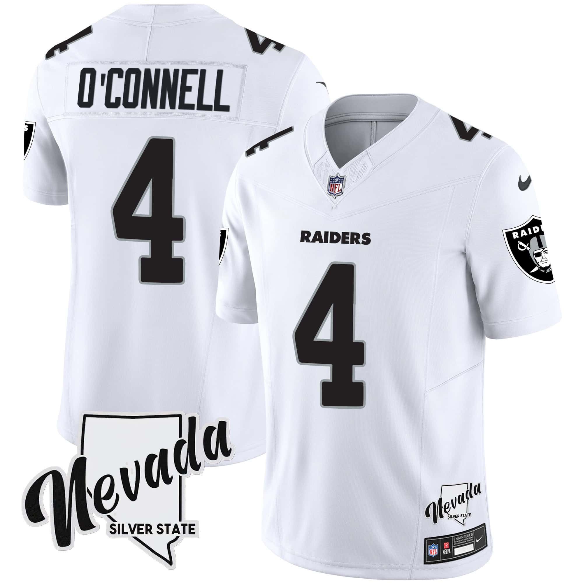 Men Oakland Raiders #4 OConnell White 2024 Nike Nevada Silver State Patch Vapor NFL Jersey
